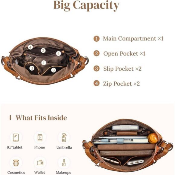 🆕Womens Brown Genuine Leather Shoulder Bag Top Handle Handbag Ladies Purses - Picture 12 of 15